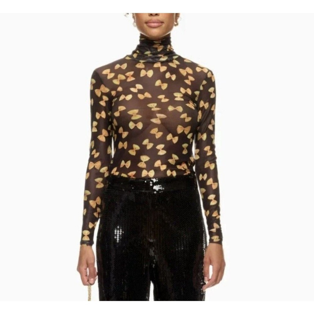 Rachel Antonoff Black Lillian Turtleneck Sheer Mesh Black Bow Tie Pasta Size S